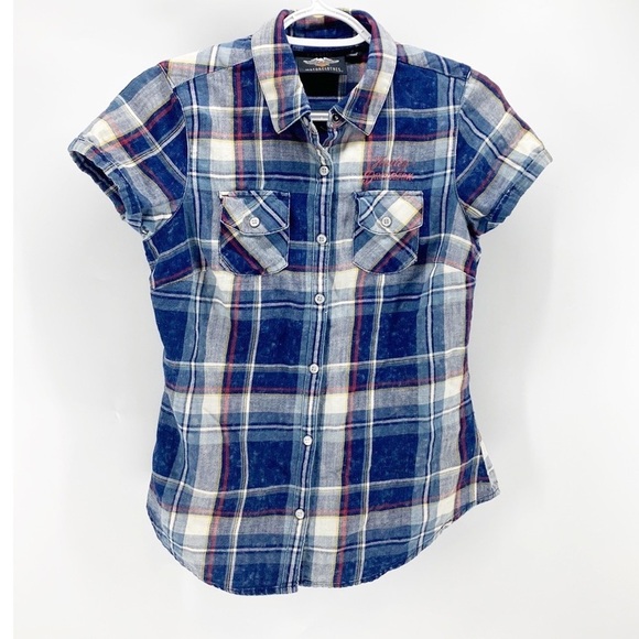 Harley Davidson button up short sleeve plaid semi distressed logo front n back - Picture 2 of 12
